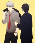  adachi_tooru belt black_hair coffee cup doujima_ryoutarou_(cosplay) glasses hand_in_pocket holding multiple_boys mushisotisis narukami_yuu necktie over_shoulder persona persona_4 signature silver_eyes silver_hair watch yellow_background 