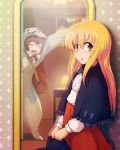  :d :o ^_^ bag blonde_hair blush bow brown_hair capelet closed_eyes costume eyes_closed hat hat_removed headwear_removed holding holding_hat lamp long_hair mesou-san mirror multiple_girls open_mouth original portrait_(object) reflection short_hair smile standing yellow_eyes 