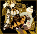  blonde_hair blush cake drill_hair food gloves hair_ornament hat long_hair mahou_shoujo_madoka_magica plate satsuan0120 skirt smile solo thigh-highs thighhighs tomoe_mami twin_drills twintails wink yellow_eyes 