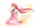  amanchu! itou_kokone long_hair ooki_futaba pink_hair profile school_uniform seiza sitting solo traditional_media very_long_hair watercolor_(medium) wind_lift 