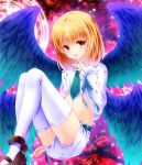  beatmania beatmania_iidx blonde_hair blush looking_at_viewer male mary_janes midriff multiple_wings necktie open_mouth rche_(beatmania) red_eyes riko_(kujira215) shoes short_hair shorts smile solo thigh-highs thighhighs trap white_legwear wings 