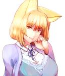  animal_ears blonde_hair breasts bust dearmybrothers fox_ears highres large_breasts looking_at_viewer smile solo tongue tongue_out touhou white_background yakumo_ran yellow_eyes 