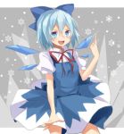  blue_eyes blue_hair bow cirno dress hair_bow ice ice_wings looking_at_viewer mikuro0921 open_mouth puffy_sleeves ribbon short_hair short_sleeves smile solo touhou wings 