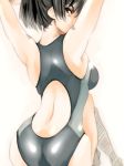  amagami ass black_eyes black_hair competition_swimsuit from_behind looking_back mike156 one-piece_swimsuit ponytail seductive_smile short_hair swimsuit tsukahara_hibiki 