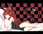  alternate_hair_length alternate_hairstyle animal_ears barefoot cat_ears cat_tail heart heart_tail kaenbyou_rin kuromari_(runia) letterboxed long_hair lying multiple_tails on_side pillow red_eyes red_hair redhead solo tail touhou 