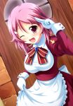  ;d apron blush door female gloves juliet_sleeves lisbeth long_sleeves looking_at_viewer open_mouth pink_eyes pink_hair puffy_sleeves short_hair smile solo sword_art_online tsuda_akira waist_apron white_gloves window wink 