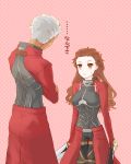  1girl archer archer_(cosplay) brown_hair cosplay dark_skin fate/extra fate_(series) female_protagonist_(fate/extra) from_behind hiver_toko kanshou_&amp;_bakuya translated white_hair yellow_eyes 
