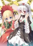  &gt;:) 1girl asa_(swallowtail) blonde_hair blue_eyes blush bonnet breasts cleavage doll_joints drill_hair glasses headdress highres long_hair looking_at_viewer multiple_girls red_eyes rozen_maiden shinku silver_hair smile suigintou 