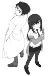  1girl crossed_arms facial_hair from_above greyscale hands_in_pockets highres jacket labcoat legwear_under_shorts makise_kurisu monochrome necktie okabe_rintarou pantyhose shichimenchou short_hair shorts steins;gate stubble 