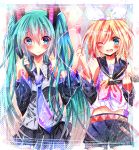  belt blonde_hair blush detached_sleeves green_eyes green_hair hair_ornament hair_ribbon hairclip hand_holding hatsune_miku highres holding_hands kagamine_rin long_hair microphone multiple_girls musical_note navel necktie open_mouth potten ribbon skirt smile twintails very_long_hair vocaloid wink 