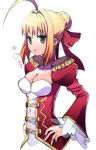  ahoge blonde_hair breasts cleavage dress epaulettes fate/extra fate_(series) green_eyes hair_ribbon hands_on_hips ookami_maito ribbon saber_extra smile solo 