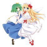  alternate_hair_length alternate_hairstyle ascot blonde_hair blue_dress blue_eyes bow capelet daiyousei dress fairy fairy_wings green_eyes green_hair hair_ribbon hat hat_ribbon hug lily_white long_hair long_sleeves looking_at_viewer mary_janes mashima_(sumachi) multiple_girls open_mouth pantyhose puffy_sleeves ribbon shirt shoes short_hair short_sleeves side_ponytail smile touhou very_long_hair white_dress white_legwear wide_sleeves wings 