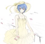  ayanami_rei bare_shoulders blue_hair blush breasts cleavage colored dress hat ladymarta neon_genesis_evangelion railing red_eyes short_hair solo straw_hat sundress 
