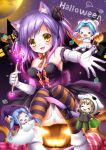  &gt;_&lt; 3girls :d =_= animal_costume animal_ears blue_hair blush blush_stickers brown_hair candy cat cat_ears cat_tail chibi dress elbow_gloves eyepatch fang gloves hair_ornament halloween hat highres holding jack-o&#039;-lantern jack-o'-lantern lollipop long_hair moon multiple_girls o_o open_mouth original purple_hair shitou short_hair smile striped striped_legwear sweets swirl_lollipop tail thigh-highs thighhighs twintails wand witch_hat yellow_eyes 