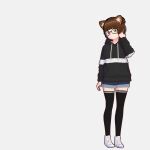  arm_at_side arm_up brown_hair buns covered_navel cute eyes glasses happy high_tops hoodie legs_together looking_at_viewer multicolored_eyes raccoon_ears shoes skirt socks thigh-highs 