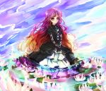  aliprojectlove dress gradient_hair hijiri_byakuren lily_pad long_hair multicolored_hair partially_submerged smile solo touhou v_arms water yellow_eyes 