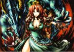  braid breasts cleavage dragon eastern_dragon green_eyes hat hong_meiling horn long_hair looking_at_viewer red_hair redhead solo star touhou tourniquet505 traditional_media twin_braids 