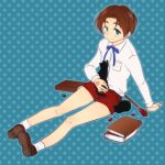  3710 blue_background blue_eyes blush book brown_hair child command_spell fate/zero fate_(series) gem male polka_dot polka_dot_background shorts simple_background smile solo staff suspenders time_paradox tohsaka_tokiomi toosaka_tokiomi young 