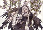  arm_up black_wings bonnet boots dress flower gothic_lolita knee_boots lolita_fashion long_hair parted_lips purple_rose red_eyes rose rozen_maiden silver_hair sitting solo suigintou thorns tsukioka_tsukiho vines white_background wings 