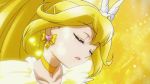  1girl animated animated_gif blonde_hair choker cure_peace earrings halo jewelry kise_yayoi long_hair lowres magical_girl precure princess_form_(smile_precure!) smile_precure! tiara wand yellow yellow_background yellow_eyes 
