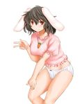  adult animal_ears black_hair blush breasts bunny_ears carrot erect_nipples inaba_tewi jewelry kasuga_yukihito necklace no_pants panties pendant rabbit_ears red_eyes short_hair solo teenage touhou underwear v white_panties 