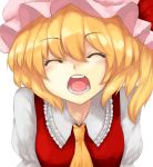  artist_request ascot blonde_hair closed_eyes eyes_closed face flandre_scarlet hat hat_ribbon highres open_mouth ribbon short_sleeves side_ponytail smile solo sudako_(dai011305) touhou white_background 