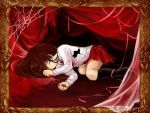  brown_hair closed_eyes eim eim_(strayseep) eyes_closed hair_over_one_eye ib ib_(ib) long_hair lying picture_frame skirt socks solo spider_web web 