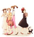  bag black_dress bow brown_hair casual cat character_request dress full_body hat hat_ribbon jiji_(majo_no_takkyuubin) kaze_no_tani_no_nausicaa kiki majo_no_takkyuubin multiple_girls mushisotisis ribbon short_hair studio_ghibli tenkuu_no_shiro_laputa tonari_no_totoro walking white_dress 