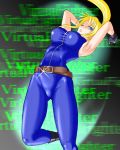  armpits arms_up belt blonde_hair blue_eyes bodysuit boots breasts gloves impossible_clothes large_breasts long_hair ponytail sarah_bryant shimon_mosado skin-tight solo virtua_fighter wink 