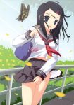  :d absurdres bag black_hair blue_eyes blurry butterfly copyright_request depth_of_field highres itou_life open_mouth railing school_uniform skirt skirt_pull smile wind wind_lift 