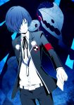  arisato_minato armband belt blue_eyes blue_hair card digital_media_player dress_shirt headphones headphones_around_neck mamoru_(artist) persona persona_3 school_uniform shirt solo thanatos 