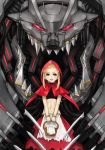  basket big_bad_wolf_(grimm) blonde_hair capelet crop_top glowing glowing_eyes grimm&#039;s_fairy_tales grimm's_fairy_tales highres hood little_red_riding_hood little_red_riding_hood_(grimm) madarame mecha mechanization payot red_eyes science_fiction sharp_teeth short_hair skirt torn_clothes torn_skirt 
