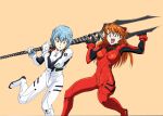  ayanami_rei blue_eyes bodysuit brown_hair carrying carrying_over_shoulder lance_of_longinus long_hair multiple_girls neon_genesis_evangelion open_mouth over_shoulder plugsuit red_eyes rx92 short_hair simple_background soryu_asuka_langley souryuu_asuka_langley sweatdrop tan_background two_side_up weapon weapon_over_shoulder 