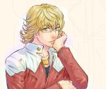  barnaby_brooks_jr blonde_hair chin_rest glasses green_eyes jacket jewelry looking_at_viewer necklace red_jacket solo tiger_&amp;_bunny ugetsun 