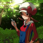  bag brown_eyes brown_hair forest hat kotone_(pokemon) nature oekaki outdoors overalls pokemon pokemon_(game) pokemon_hgss purse ribbon short_twintails sunlight twintails 