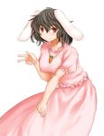  adult animal_ears black_hair blush breasts bunny_ears bunny_tail carrot dress inaba_tewi jewelry kasuga_yukihito large_breasts necklace rabbit_ears red_eyes revision short_hair smile solo tail teenage touhou underwear v 