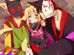  2boys :&lt; animal_ears arm_around_shoulder black_hair black_legwear blonde_hair cat_ears cat_tail facepaint floral_background flower fox_ears fox_mask fox_tail grin hidden_eyes japanese_clothes li_sakura mask multicolored_eyes multiple_boys paint_on_face paint_on_shirt painter-kun painting palette smile smirk tail thigh-highs thighhighs urotsuki yukata_(yume_2kki) yume_2kki 