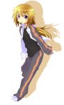  androgynous black_shirt charlotte_dunois clothed infinite_stratos jacket long_hair looking_at_viewer low-tied_long_hair no_shoes open_clothes open_jacket pants purple_eyes sachou simple_background socks solo track_jacket track_pants violet_eyes white_background white_legwear 