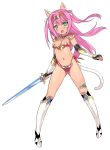  animal_ears armor bikini_armor blade_(lovewn) blush breasts cat_ears cat_tail cleavage elbow_gloves fingerless_gloves full_body gloves green_eyes highres long_hair navel open_mouth original pink_hair simple_background solo sword tail weapon white_background 