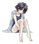  aushi barefoot blush crossdressinging emiya_kiritsugu fate/zero fate_(series) leg_hug male one-piece_swimsuit school_swimsuit swimsuit towel_on_shoulders trap 