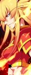  armor blonde_hair blue_eyes kyousaku long_hair mygrimoire original phenex_(mygrimoire) profile red_background smile solo 