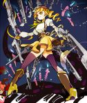  blonde_hair boots breasts candle charlotte_(madoka_magica) detached_sleeves drill_hair fingerless_gloves gloves hat high_heels large_breasts magical_girl mahou_shoujo_madoka_magica shoes skirt thigh-highs thighhighs tomoe_mami uoshiro vertical-striped_legwear vertical_stripes yellow_eyes 