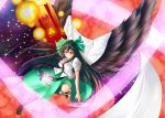  alternate_weapon arm_cannon black_hair black_wings blush bow breasts cape hair_bow large_breasts long_hair long_skirt magic_circle orange_eyes radiation_symbol reiuji_utsuho skirt solo third_eye tkfm touhou very_long_hair weapon wings 