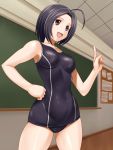  ahoge bare_shoulders black_hair breasts chalkboard classroom hand_on_hip idolmaster index_finger_raised miura_azusa muhi11234 namco open_mouth raised_finger red_eyes school_swimsuit short_hair smile solo swimsuit 