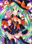  absurdres blush boots candy cape corset green_eyes green_hair halloween hat hatsune_miku highres hinako_(turip-turop) lollipop long_hair marker_(medium) open_mouth skirt solo swirl_lollipop thigh-highs thigh_boots thighhighs traditional_media twintails very_long_hair vocaloid witch_hat 