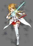  asuna_(sao) bare_shoulders blush breastplate brown_eyes brown_hair detached_sleeves female holding long_hair scabbard sheath skirt solo sword sword_art_online thigh-highs thighhighs unasaka_ryou weapon white_legwear 