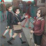  3d 3girls :d anaglyph bag black_hair brick_wall brown_eyes brown_hair fence hands_on_hilt heterochromia highres jewelry leaf multiple_boys multiple_girls necktie open_mouth original plaid plaid_skirt ring school_uniform shinai short_hair skirt smile standing sword track_jacket track_suit walking waving weapon yajirushi_(chanoma) 