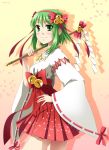  bell blush_stickers detached_sleeves e-megu earrings fugashi gohei green_eyes green_hair gumi hair_bell hair_ornament hairband hand_on_hip highres jewelry magatama miniskirt necklace nontraditional_miko payot petals pleated_skirt skirt smile solo vocaloid wide_sleeves 