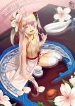  almond b.c.n.y. bare_shoulders big_eyes cup flower highres long_hair looking_at_viewer multicolored_eyes nail_polish open_mouth original petals silver_hair sitting spoon thigh-highs thighhighs traditional_clothes twintails very_long_hair watermark 