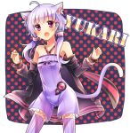  :o ahoge animal_ears bare_shoulders blush cat_ears cat_tail character_name detached_sleeves fang flat_chest hair_tubes kemonomimi_mode long_hair moe_on_drop open_mouth outline pink_eyes purple_hair solo tail thigh-highs thighhighs vertical-striped_legwear vertical_stripes vocaloid yuzuki_yukari 